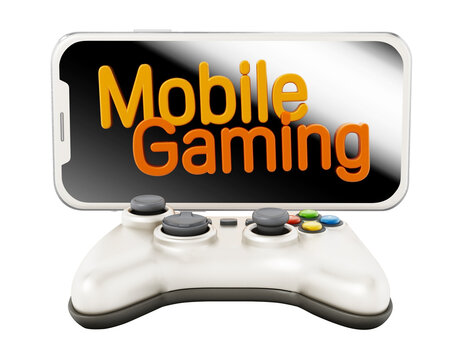 Smartphone, controller and mobile gaming text isolated on transparent background. 3D illustration