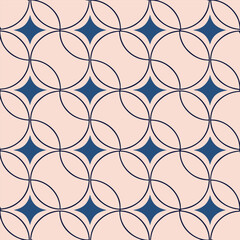 Poster - Elegant geometric pattern with interlocking circles and diamond shapes in navy blue on a soft beige background abstract design