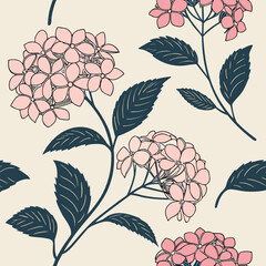 Poster - Elegant hydrangea floral pattern seamless design featuring pink flowers and dark navy leaves on a soft creamy background