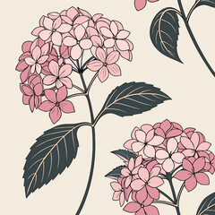 Poster - Elegant hydrangea floral pattern with pink blooms and dark green leaves seamless repeat design for textiles or digital applications