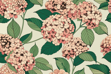Poster - Elegant seamless floral hydrangea pattern with botanical leaves suitable for decorative designs and various creative projects on a white background.