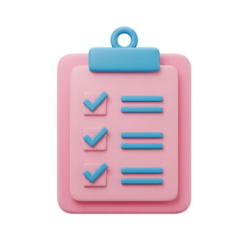 Pink clipboard with blue clip and three blue checkmarks indicating completed tasks, featuring horizontal lines representing text.