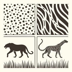 Poster - Minimalist vector illustration showcasing african wildlife animals including patterns and depictions of a panther and a leopard