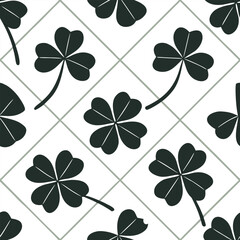 Poster - Repeating pattern featuring dark green shamrock leaves and geometric lines against a white background decorative design for various applications