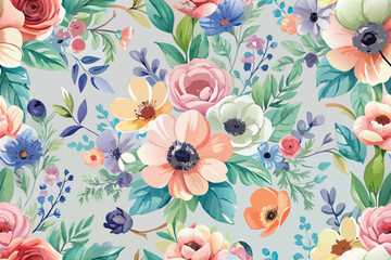 Poster - Watercolor floral pattern design featuring an arrangement of colorful flowers with delicate petals and lush green leaves, on a transparent background.