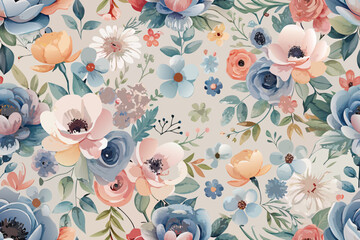 Poster - Watercolor floral seamless pattern featuring roses anemones and various blossoms botanical illustration perfect for design projects