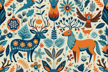 Poster - Whimsical floral forest with woodland creatures illustrative seamless pattern on a white background perfect for surface design