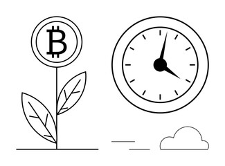 Poster - Bitcoin growing plant paired with a clock, highlighting value cultivation, timing, and growth. Ideal for cryptocurrency, digital investment, financial planning, innovation, economic trends patience