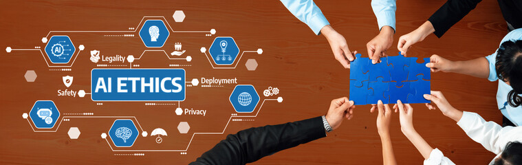 Aufkleber - Collaborative effort showcasing hands piecing together a puzzle representing key elements of AI ethics, emphasizing safety, privacy, legality, and deployment in modern technology. Amity