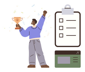 Poster - Person raising a trophy in triumph beside a checklist clipboard and a digital task card. Ideal for success, motivation, goal setting, productivity, achievement, teamwork, simple flat metaphor