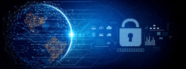 Poster - Cybersecurity protection system showing password encryption, fingerprint ID, cloud security, email, credit card, and database lock for secure data access Vouch