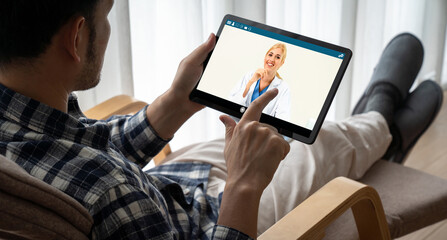 Poster - Doctor video call online by modish telemedicine software application for virtual meeting with patient