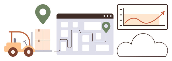 Poster - Forklift moving boxes, digital map with route markers, growth analytics chart, and cloud icon. Ideal for logistics, delivery, supply chain, warehouse, shipping management data analysis simple flat