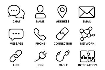 Poster - Contact us line icon set. Chat, name, address, email, message, phone vector icons. Connection, network, link, join, cable, integration outline symbols for web and UI.