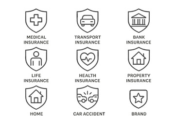 Poster - Insurance line icon set. Medical, health, life, car accident, transport, home, property, and bank insurance symbols. Vector graphic elements for safety and protection concepts.