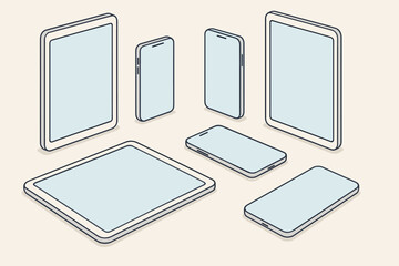 Fototapete - Isometric device mockup set. Mobile phone and tablet template collection. Gadgets with various screen sizes for presentation. Standing and lying smartphones. Vector illustration.