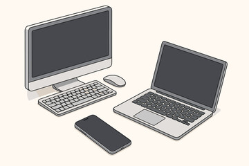 Fototapete - Isometric computers and mobile phones mockup template. Vector illustration graphic of desktop pc, laptop, and smartphone with blank dark screen. Responsive design concept.