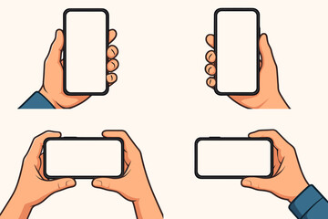 Fototapete - Set of hands holding smartphone with blank screen. Mobile phone mockup for app presentation. Vector cartoon illustration of human hand holding device, vertical and horizontal.