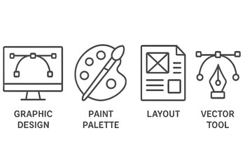 Poster - Graphic design line icon set. Vector symbols for digital art and creative process. Includes pen tool, artist paint palette, web page layout, and computer monitor icon.