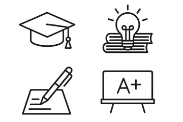 Poster - Education concept icons. Learning, knowledge, study. Graduation cap. University, college degree. Creative idea, innovation. Lightbulb. Writing, exam, test. A+ grade. School success.