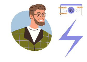 Poster - Smiling man wearing green plaid jacket, blue lightning bolt symbolizing energy, atom-based tech interface suggesting innovation. Ideal for education, science, creativity, branding, technology