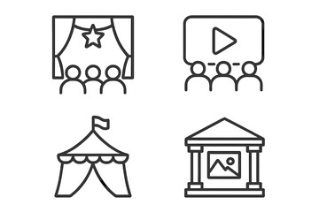 Poster - Entertainment show line icon set. Performance leisure concepts. Vector linear illustrations of theater stage, cinema screen with audience, circus tent, and art gallery museum.