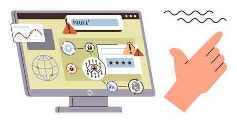 Poster - Computer screen displaying browser with security risks, alerts, and warning icons alongside a gesture. Ideal for security, risk management, cybersecurity, internet safety, technology, online
