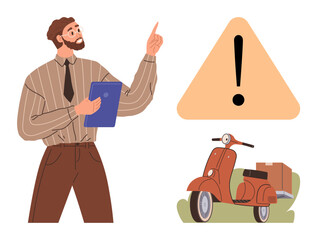 Aufkleber - Businessman holding clipboard, pointing at caution symbol with exclamation mark near scooter carrying packages. Ideal for logistics, safety, delivery, business, alerts, communication, services