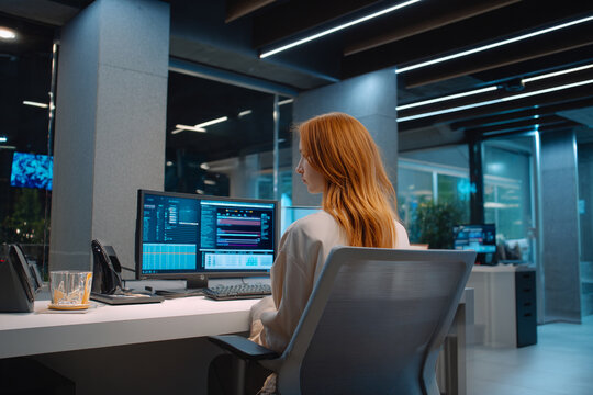 Woman working at a computer in a modern office