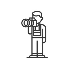 Poster - Clean Line Art Icon of a Photographer with a Large Lens Camera, Ready to Capture Images