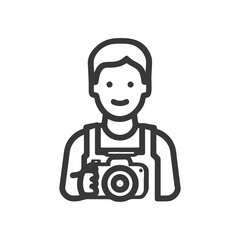 Poster - Happy Photographer Line Art Icon with Camera, Simple Vector Illustration for Creative Content