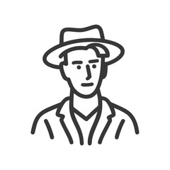 Poster - Monochrome Line Art Portrait of a Man Wearing a Stylish Fedora Hat Icon