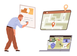 Poster - Man writing notes on board, digital map and laptop with secure interface. Ideal for planning, navigation, security, tasks, project management, logistics productivity. Simple flat metaphor