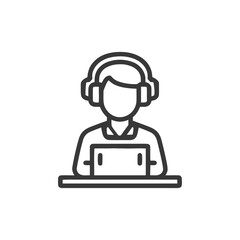 Poster - Minimalist Line Icon of Person with Headphones and Laptop, Remote Work Concept