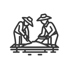 Poster - Monochrome Line Art Icon: Two Farmers Processing Rice or Grain on a Mat