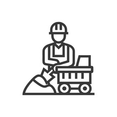 Poster - Construction Worker Shoveling Dirt into Wheelbarrow Line Icon, Manual Labor Symbol