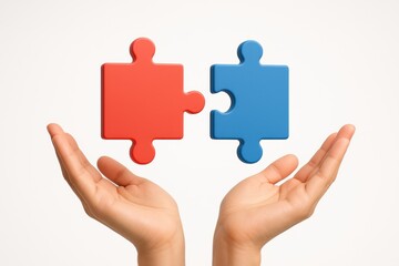 Poster - Collaboration in the Balance: Two hands cradle red and blue puzzle pieces in perfect harmony, symbolizing collaboration and teamwork.