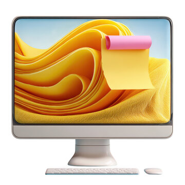 Modern computer monitor displaying a vibrant yellow abstract wallpaper with a pink sticky note attached to the screen isolated on transparent background