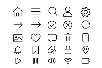Poster - Modern line icon set for web and mobile user interface design. Essential UI and UX vector pack with outline symbols for apps. Includes home, search, user, and settings icons.