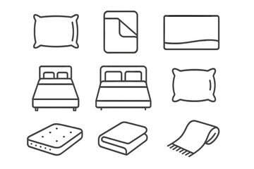 Poster - Bedding line icon set. Pillow, duvet cover, sheet, single and double bed, mattress, and blanket icons. Minimalist outline vector illustration for home and bedroom concepts.