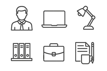 Fototapete - Office workplace icons in a linear outline style. Worker or employee avatar, laptop, lamp, document folders, and briefcase. Business equipment and tools vector icon set.