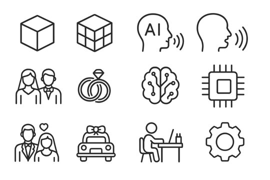 Universal line icon set with diverse concepts. AI, wedding, business pictograms. Outline symbols of cube, brain, CPU, couple, rings, office worker for modern web design.