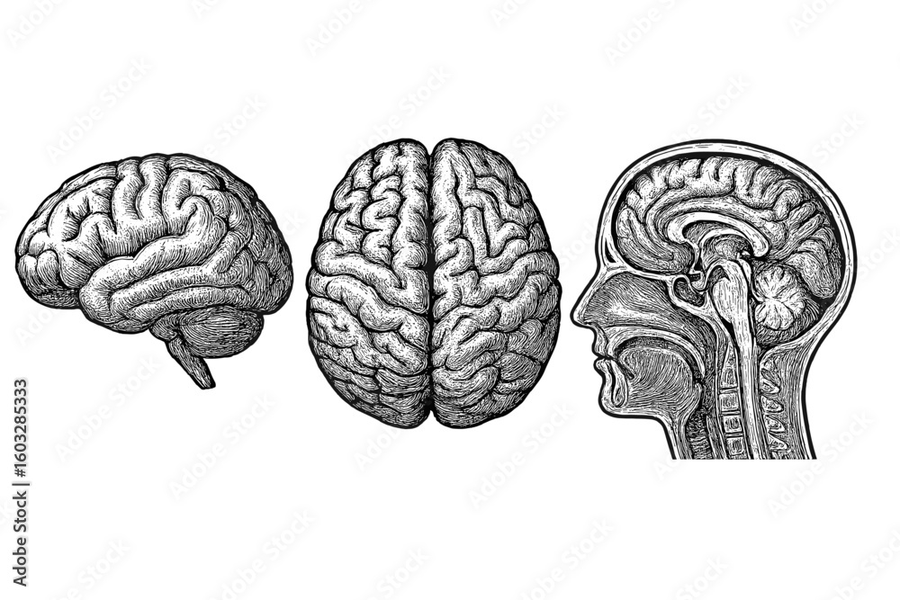 Human brain anatomy illustration set. Vector drawing of brain side view ...