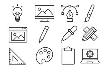Fototapete - Graphic design and art tools line icon set. Collection of simple outline symbols for the creative process. Vector icons for drawing, web, app design, and digital art.
