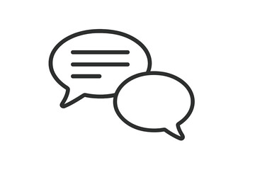 Minimalist linear chat conversation icon of two overlapping speech bubbles with outline, transparent background, simple black line art symbol for social messaging and communication concepts