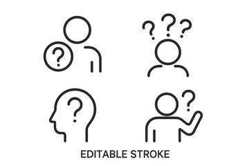 Poster - Question line icon set. Outline pictogram collection of a person thinking. Editable stroke. Concepts of problem, confusion, asking, support, help, doubt and FAQ.