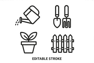 Poster - Gardening and garden tools icon set. Simple line art icons for horticulture. Features watering can, potted plant, seedling, trowel, fork, and fence. Editable stroke vector.