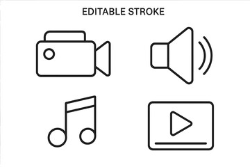 Poster - Video and audio line icon set. Editable stroke pictogram collection for web and mobile UI. Includes camera, sound, music note, and media player symbols. Outline vector.