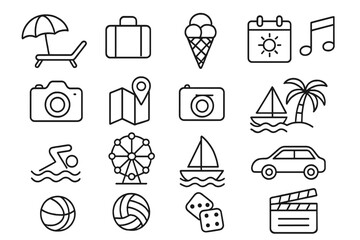 Poster - Summer vacation and travel line icon set. Recreation, holiday and entertainment outline icons for web and mobile. Leisure, sport and hobby vector pictogram collection.