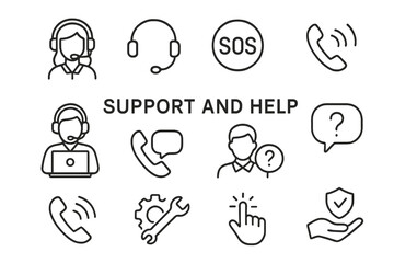 Poster - Support and help line icon set. Customer service agent, call center operator with headset, and tech assistance outline pictograms. Phone, contact us, and FAQ symbols.